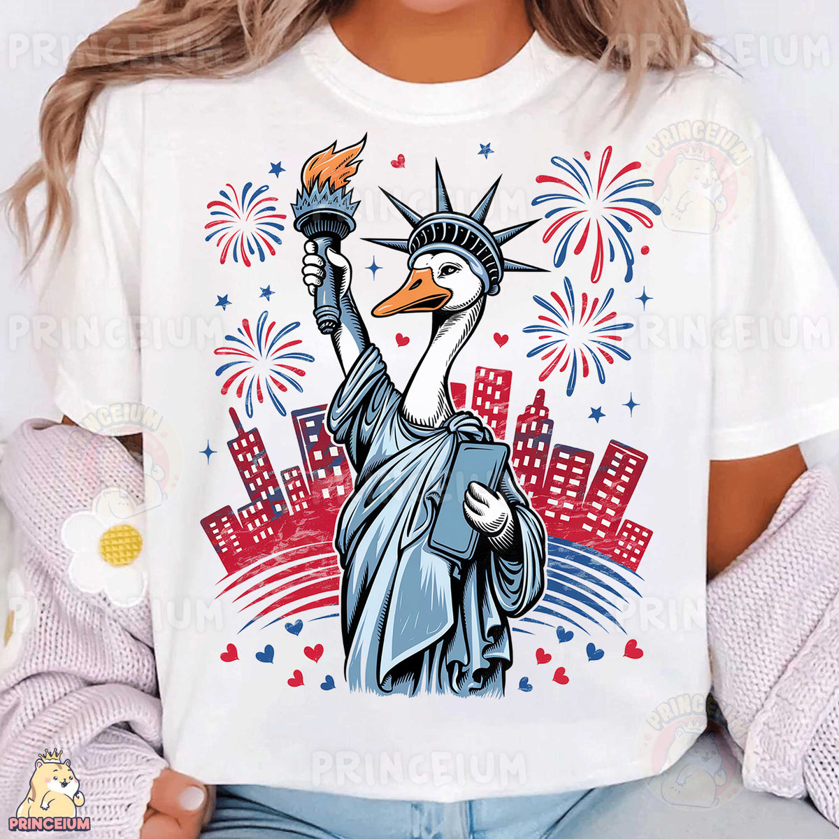 a woman wearing a white shirt with the statue of liberty on it