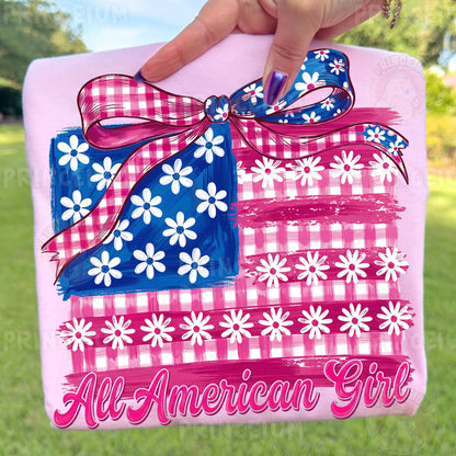 All American Girl Sublimation Design PNG | Patriotic Gingham Flag with Bow Digital Download