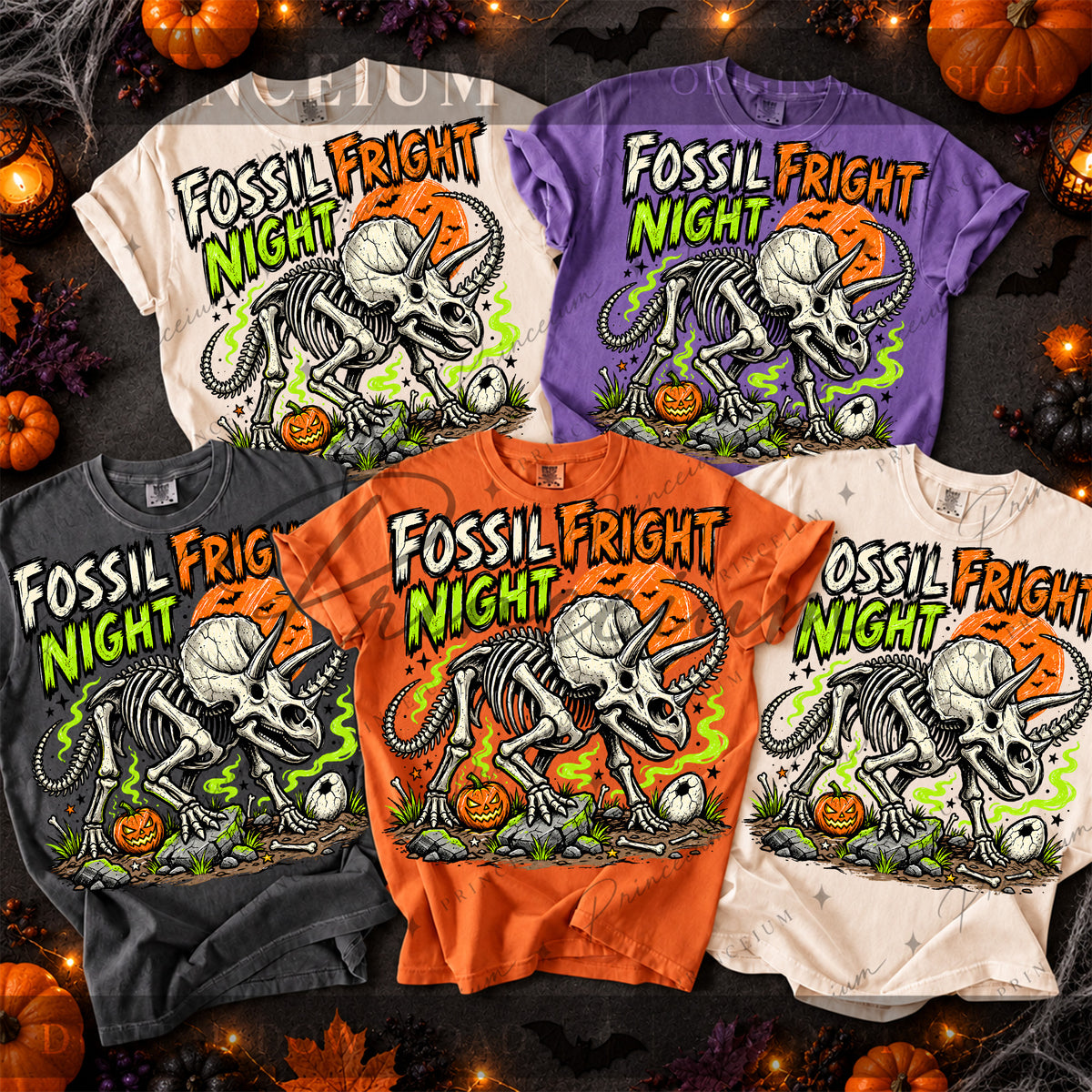 Fossil Fright Night Halloween PNG – Triceratops Skeleton Design | Digital Download