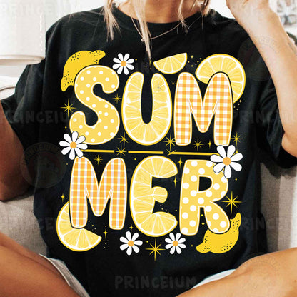 a woman sitting on a couch wearing a t - shirt that says summer