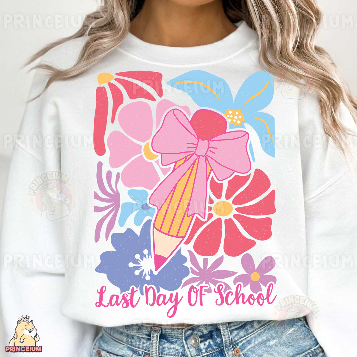 a woman wearing a white sweatshirt with a pink bow on it