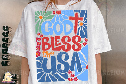 a girl wearing a t - shirt that says god bless the usa