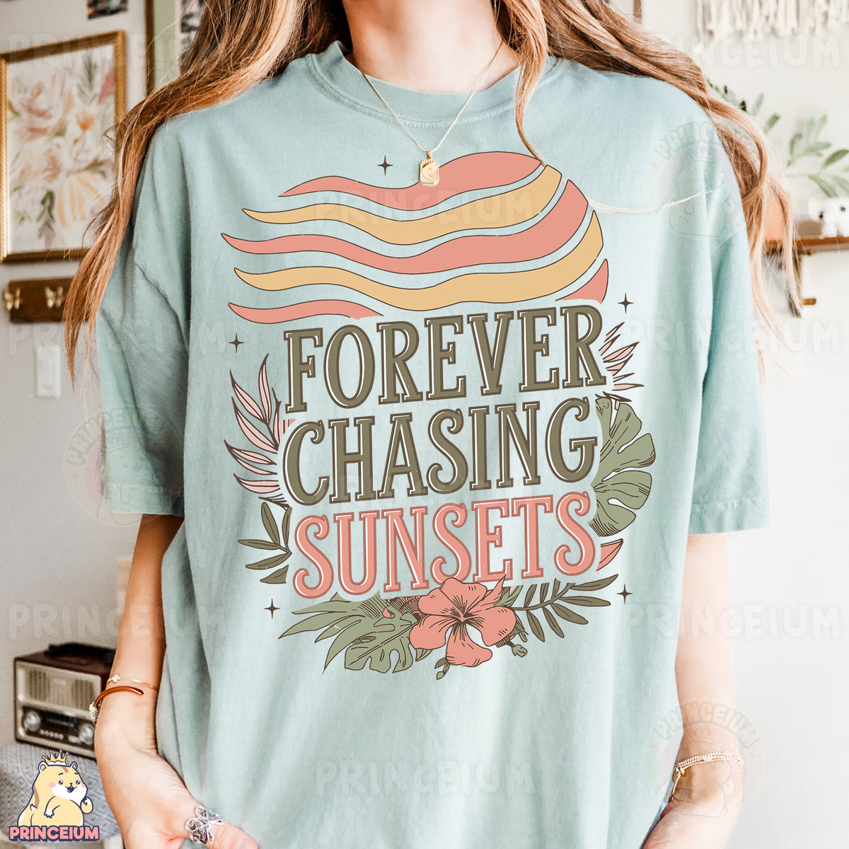 a woman wearing a t - shirt that says forever chasing sunsets