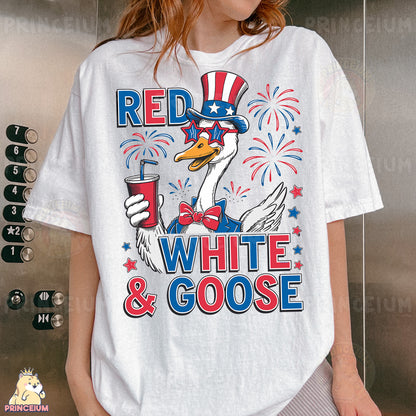 a woman wearing a red, white and goose t - shirt