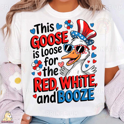 a woman wearing a t - shirt that says, this goose is loose for the