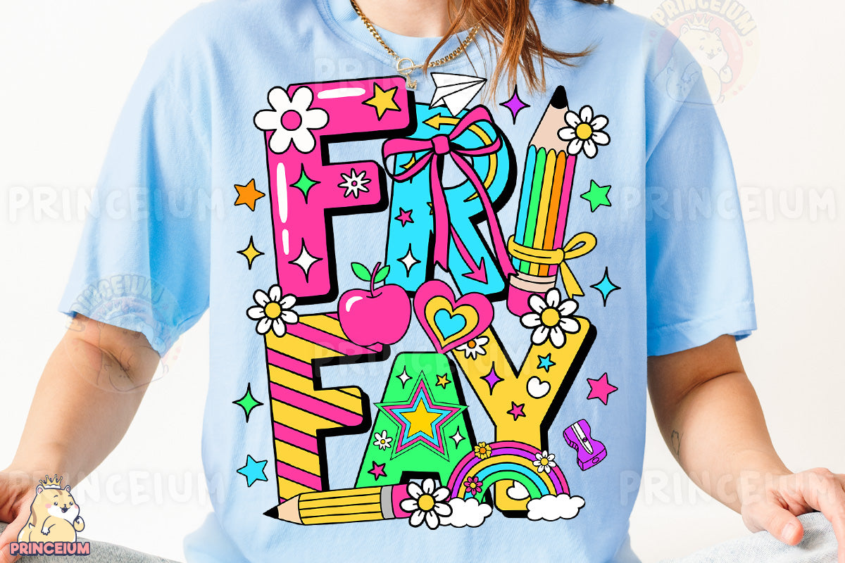 a person wearing a blue shirt with the word friday on it