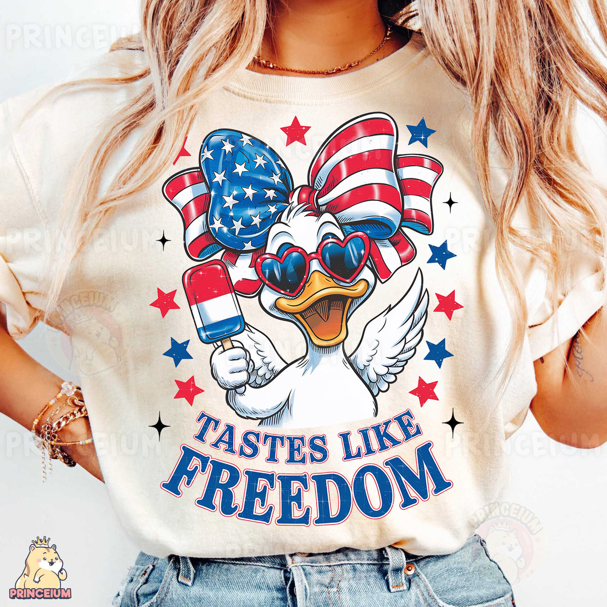a woman wearing a t - shirt that says tastes like freedom