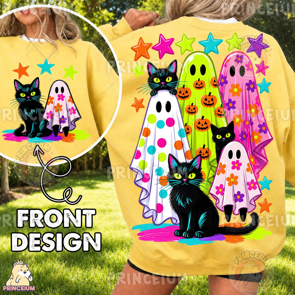Neon Ghost and Black Cat Halloween Front and Back