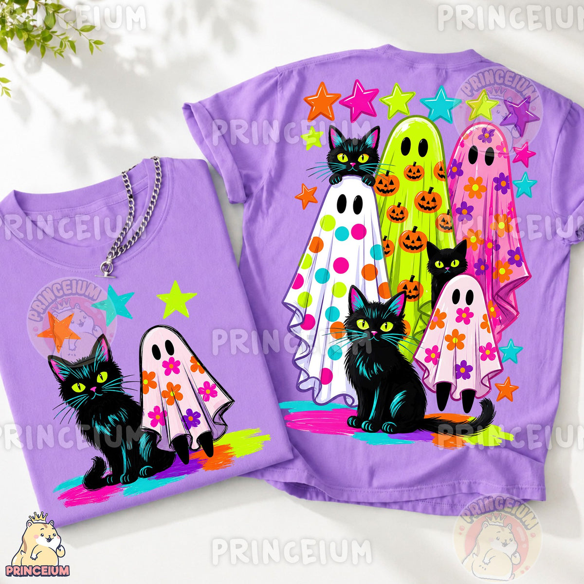 Neon Ghost and Black Cat Halloween Front and Back