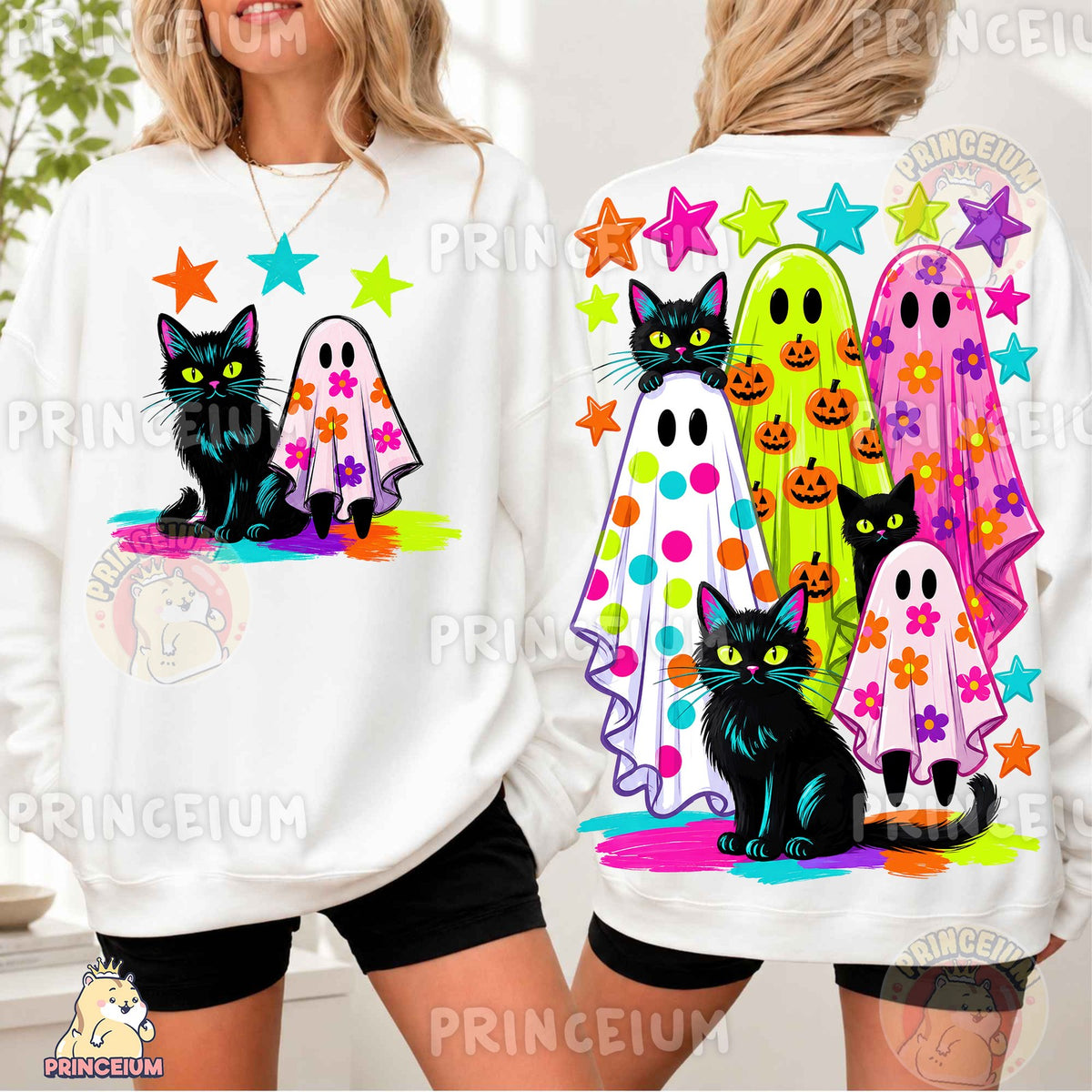 Neon Ghost and Black Cat Halloween Front and Back