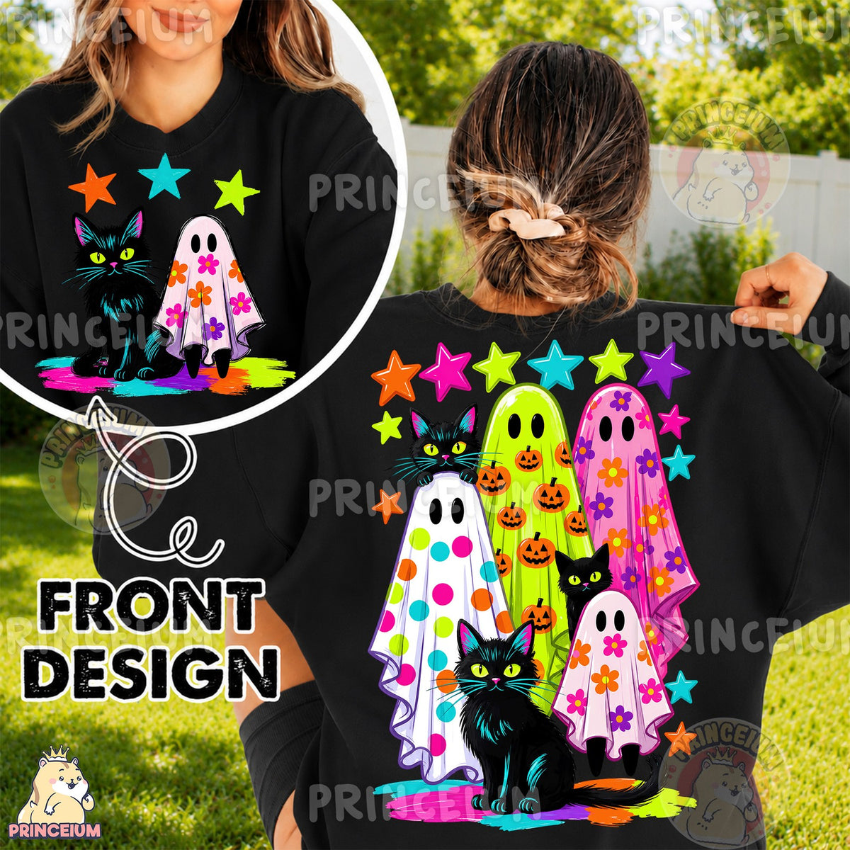Neon Ghost and Black Cat Halloween Front and Back