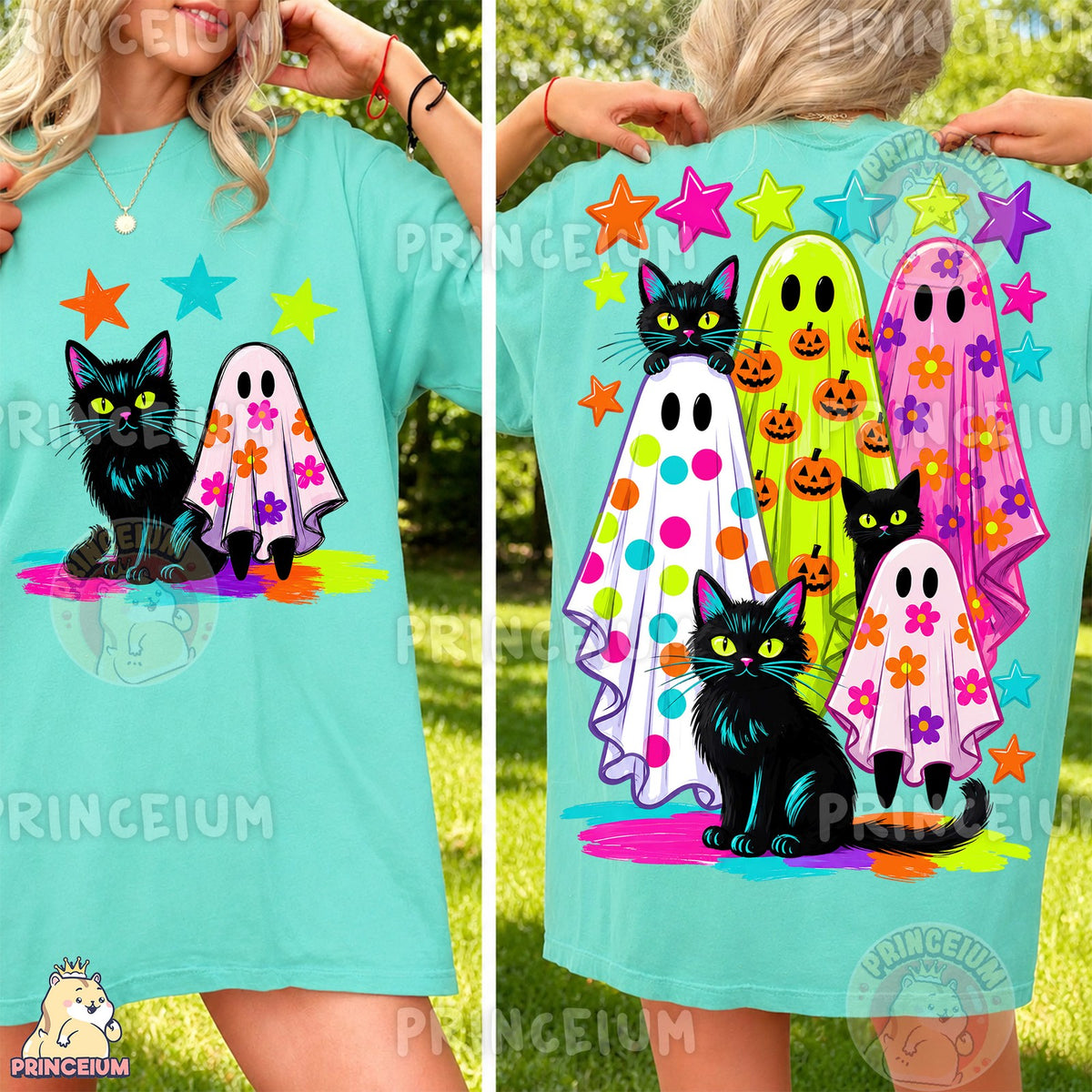 Neon Ghost and Black Cat Halloween Front and Back