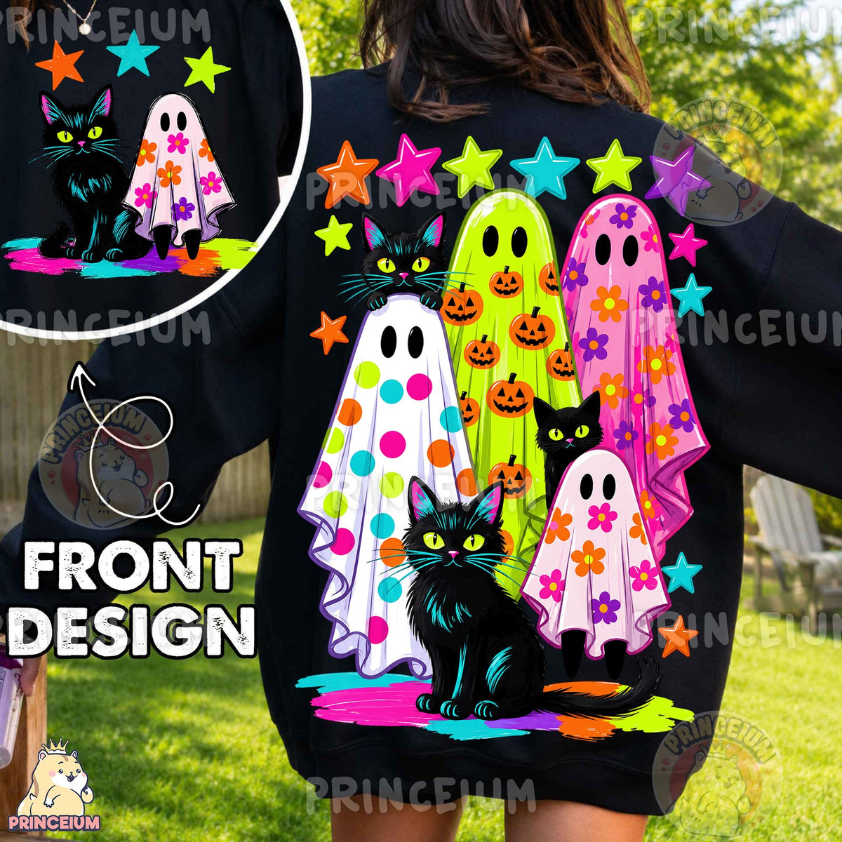 Neon Ghost and Black Cat Halloween Front and Back