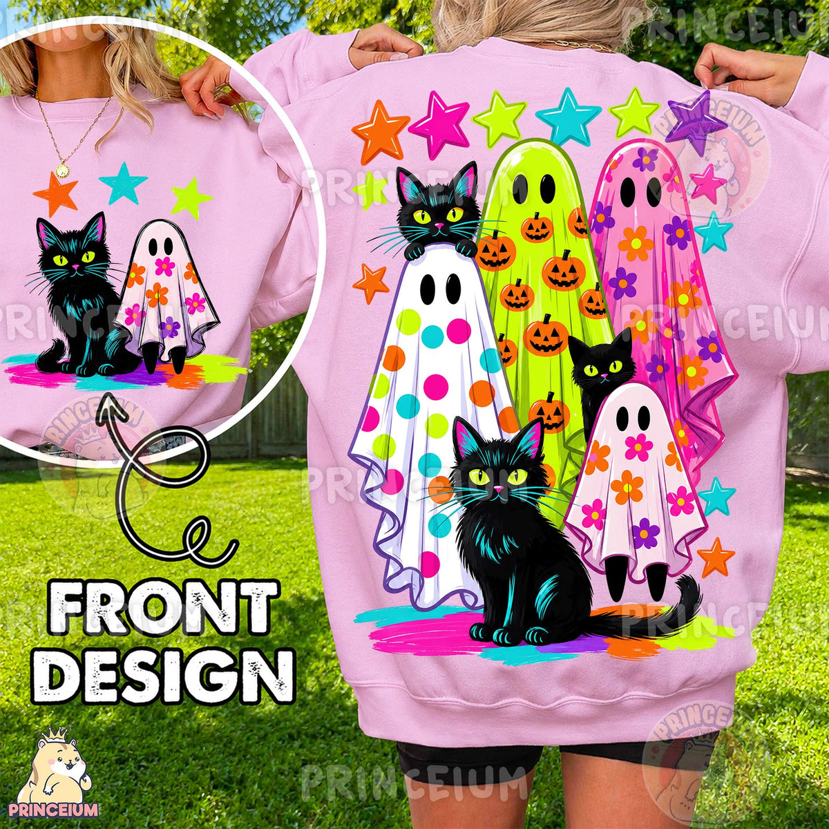 Neon Ghost and Black Cat Halloween Front and Back