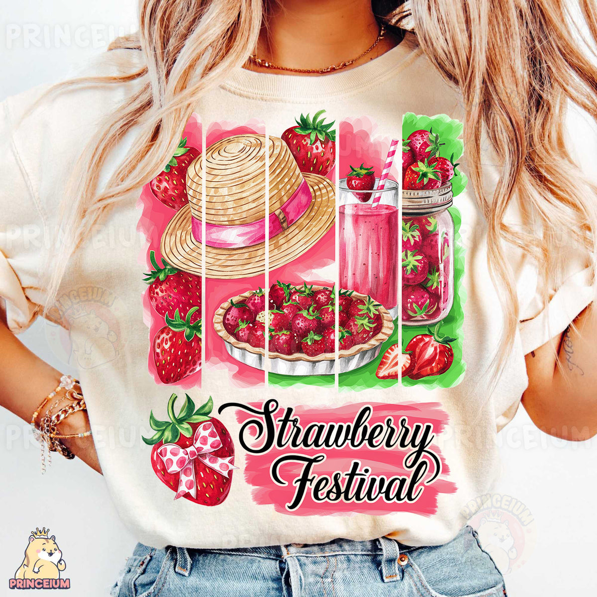 a woman wearing a strawberry festival t - shirt