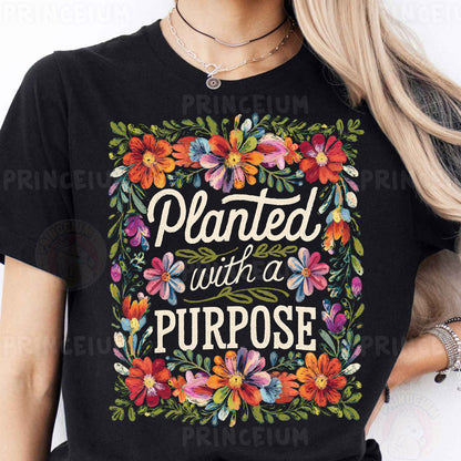 a woman wearing a black t - shirt that says, planted with a purpose