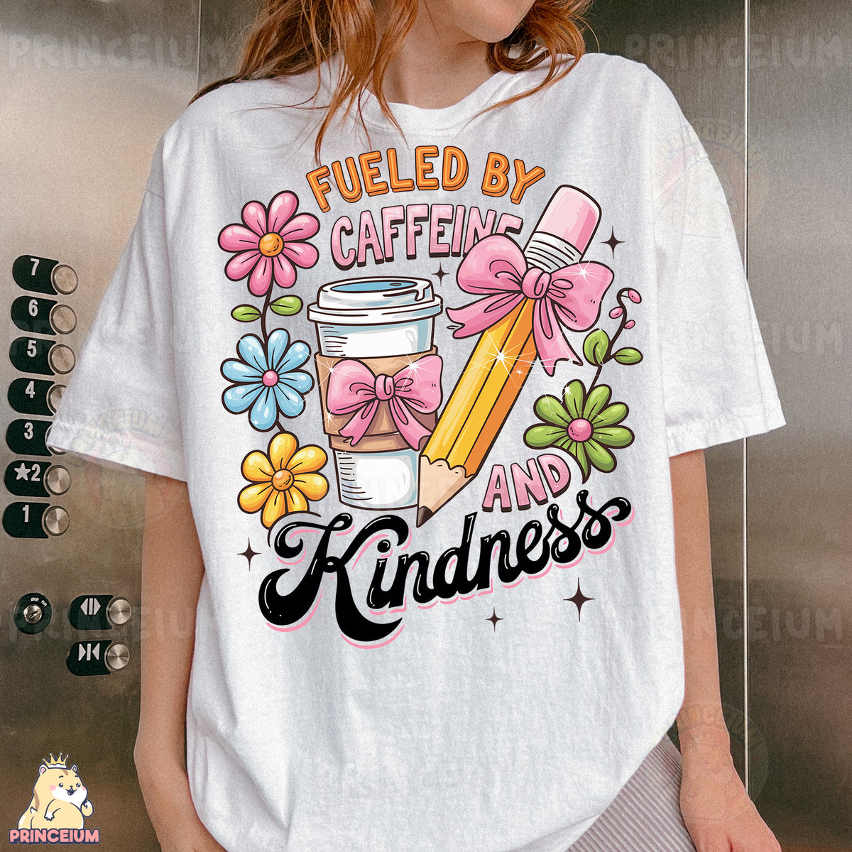 a woman wearing a t - shirt that says fueled by caffeine and kindness
