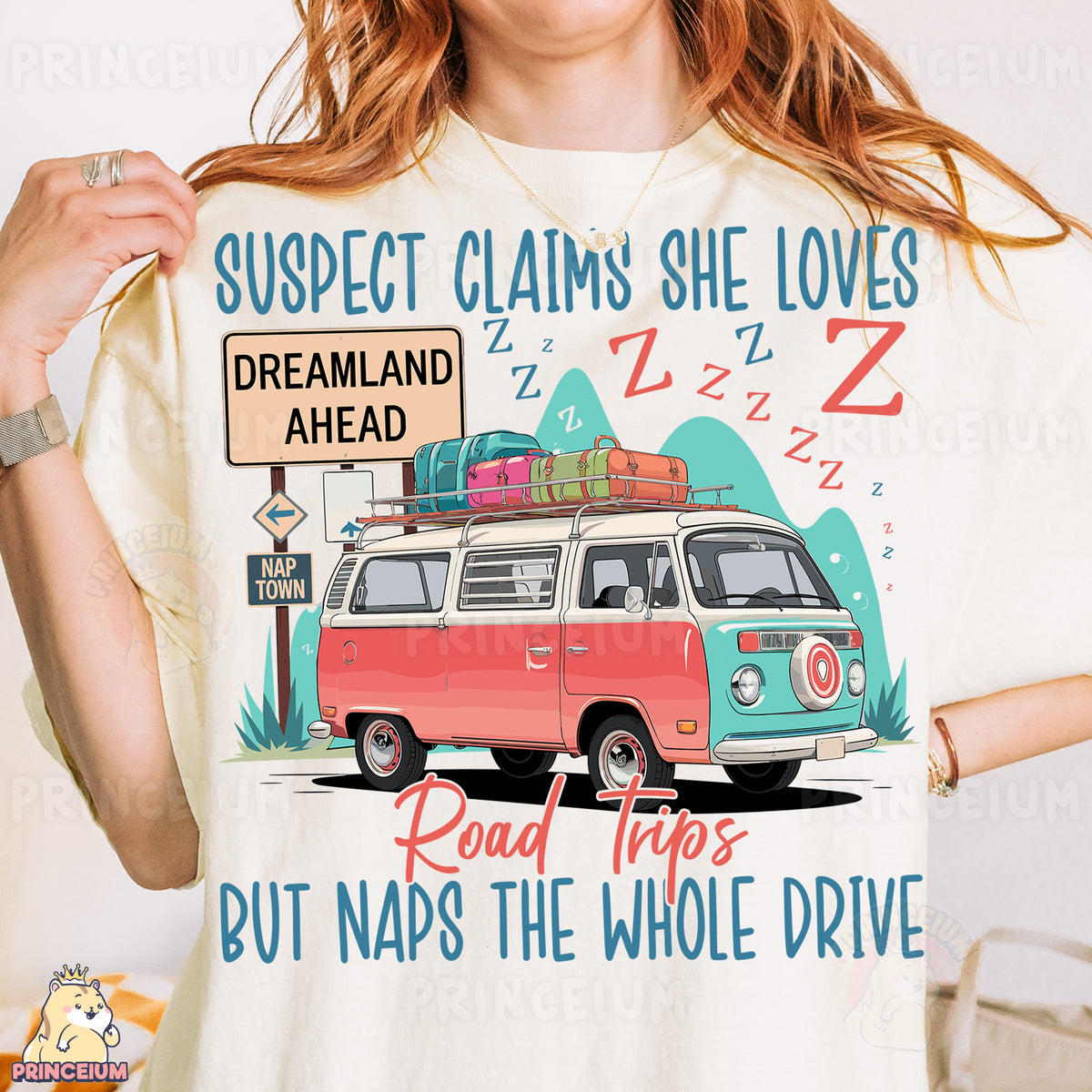 a woman wearing a t - shirt with a vw camper van on it