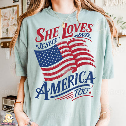 a woman wearing a t - shirt that says she loves jesus and america too