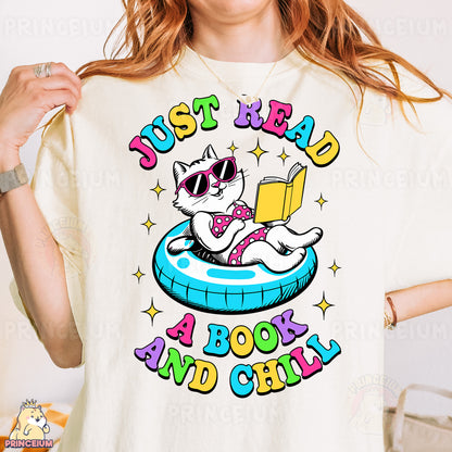 a woman wearing a t - shirt that says just read a book and chill