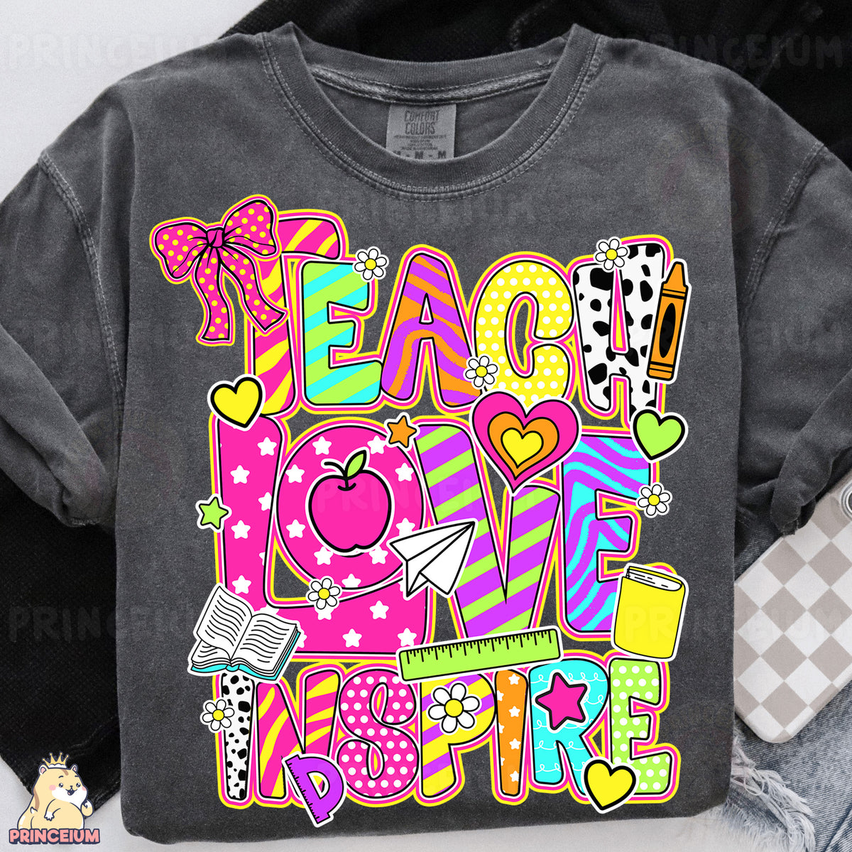 a t - shirt with the words peace love inspire on it
