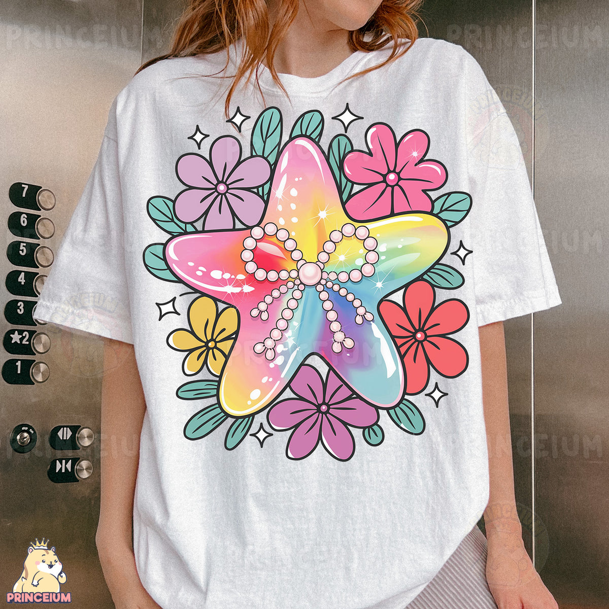 a woman wearing a t - shirt with a starfish on it