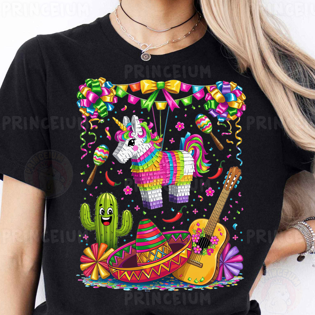 a woman wearing a black t - shirt with an image of a llama and