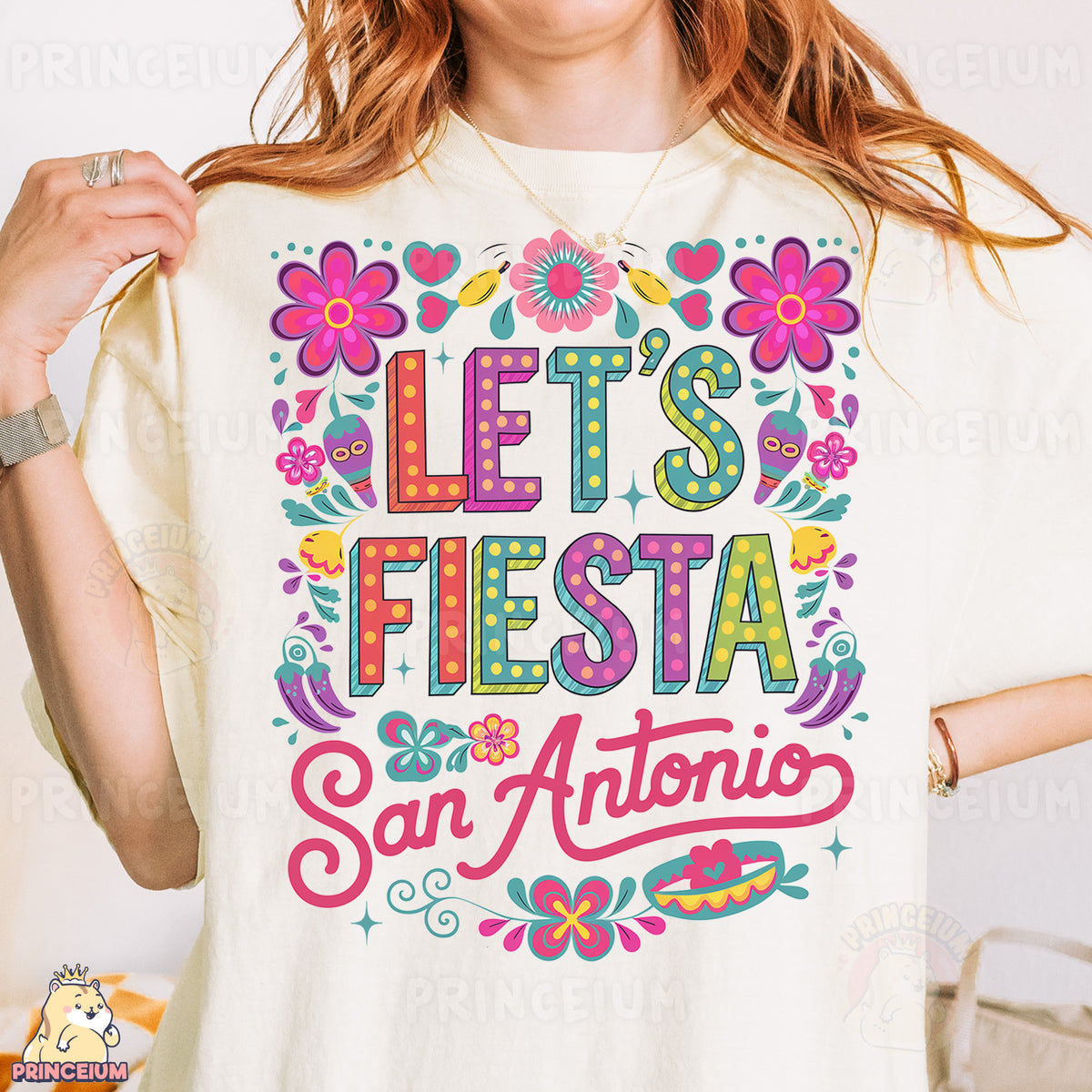 a woman wearing a t - shirt that says let's fiesta san antonio
