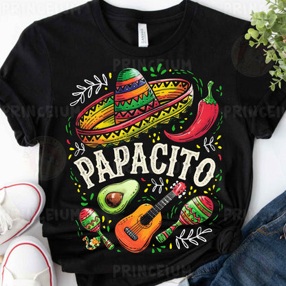 a black t - shirt with the words papaito and an image of a guitar