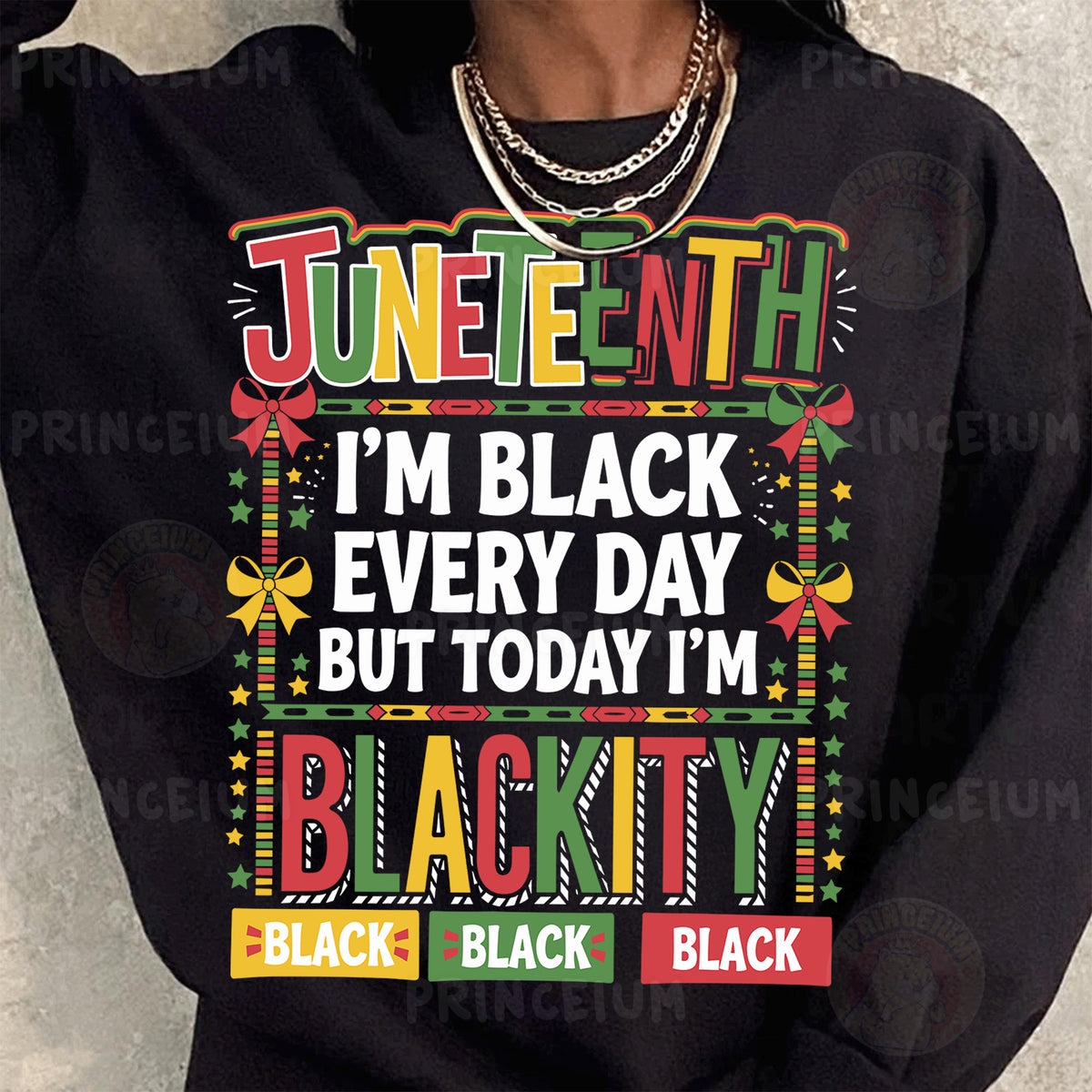 a woman wearing a black sweatshirt with the words black on it