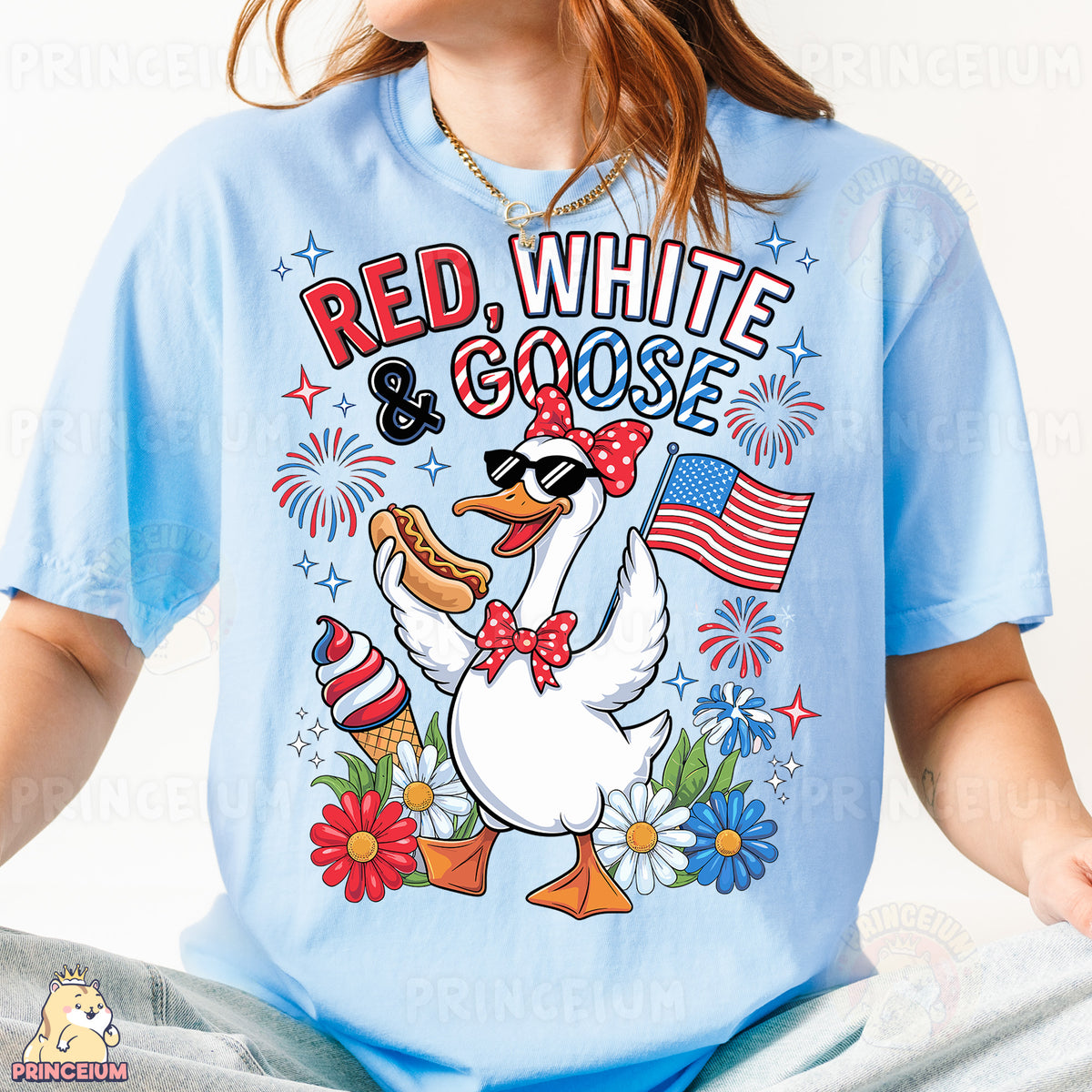 a woman wearing a red, white and goose t - shirt
