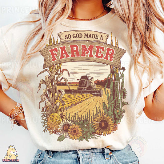 a woman wearing a t - shirt that says so god made a farmer