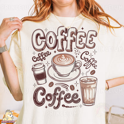 a woman wearing a t - shirt that says coffee and a cup of coffee