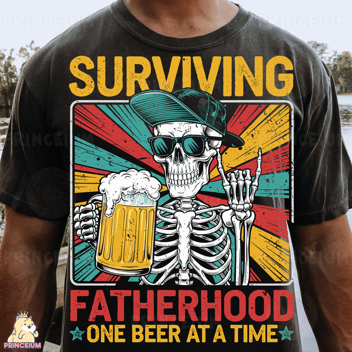 a man wearing a t - shirt that says surviving fatherhood one beer at a