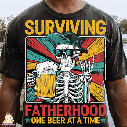 a man wearing a t - shirt that says surviving fatherhood one beer at a
