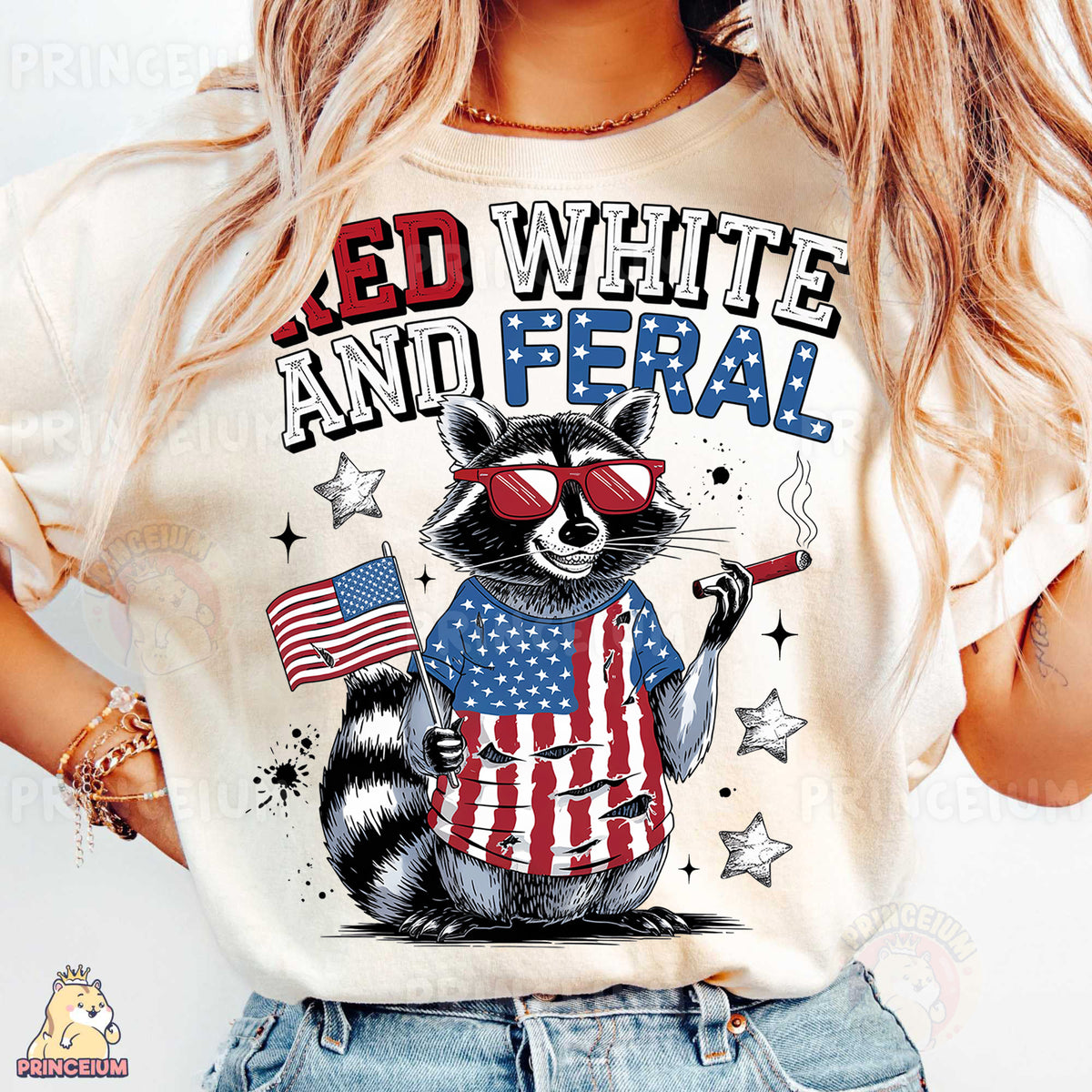 a woman wearing a t - shirt with a raccoon holding an american flag
