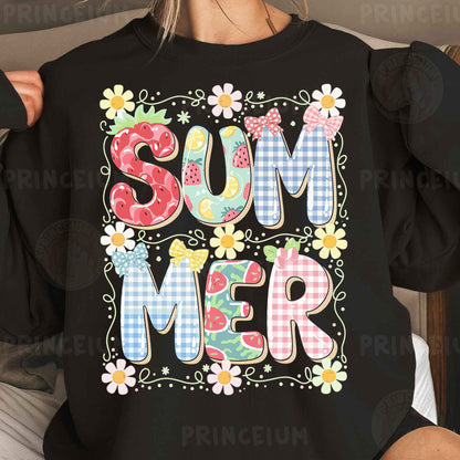a woman wearing a black shirt with the words summer printed on it