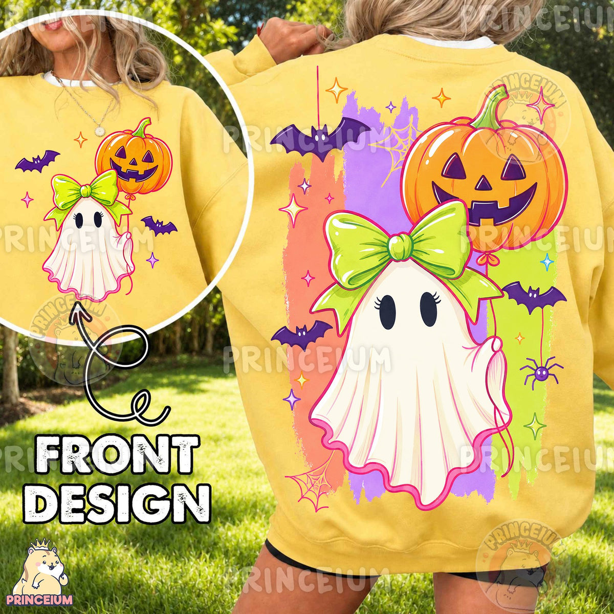 Coquette Ghost with Pumpkin Balloon Front and Back