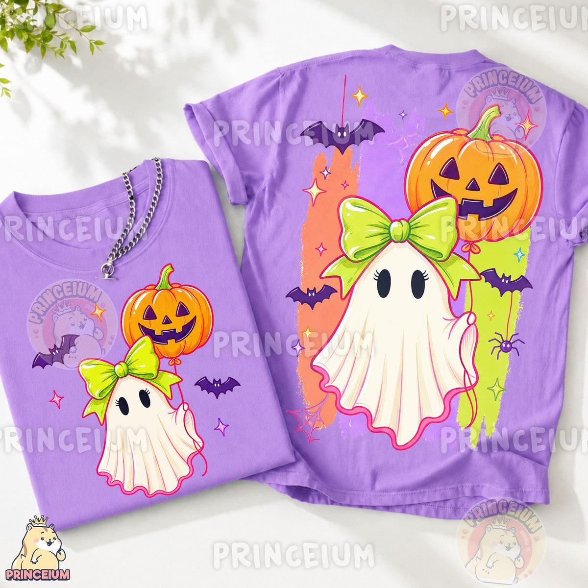 Coquette Ghost with Pumpkin Balloon Front and Back
