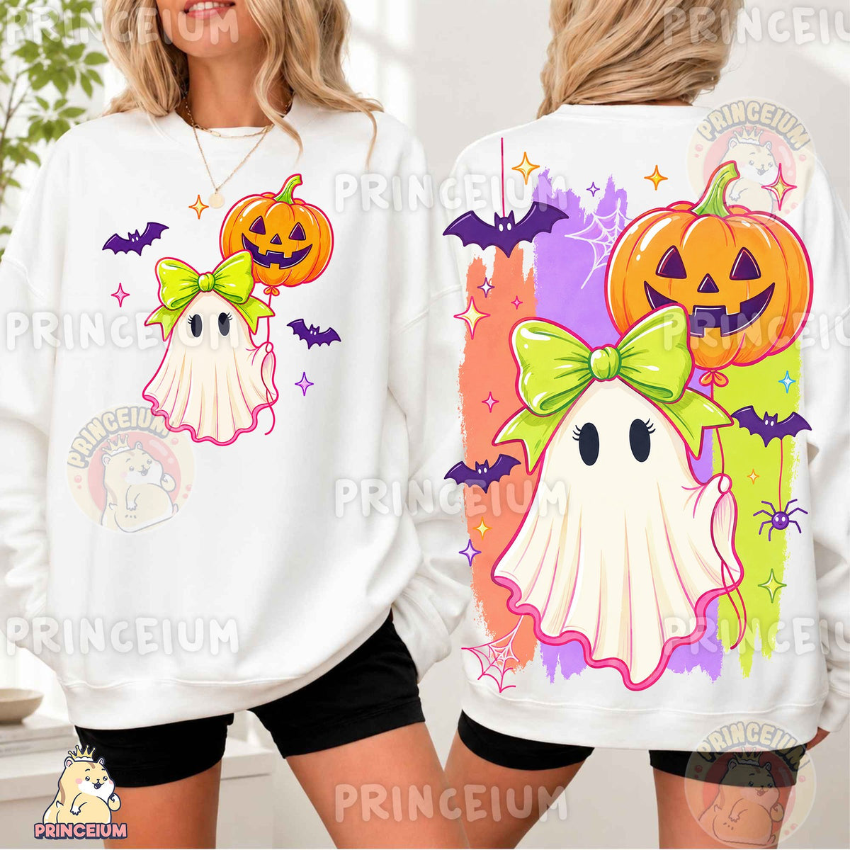 Coquette Ghost with Pumpkin Balloon Front and Back