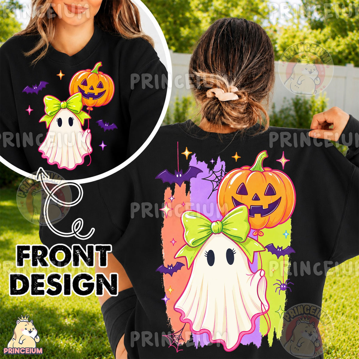 Coquette Ghost with Pumpkin Balloon Front and Back