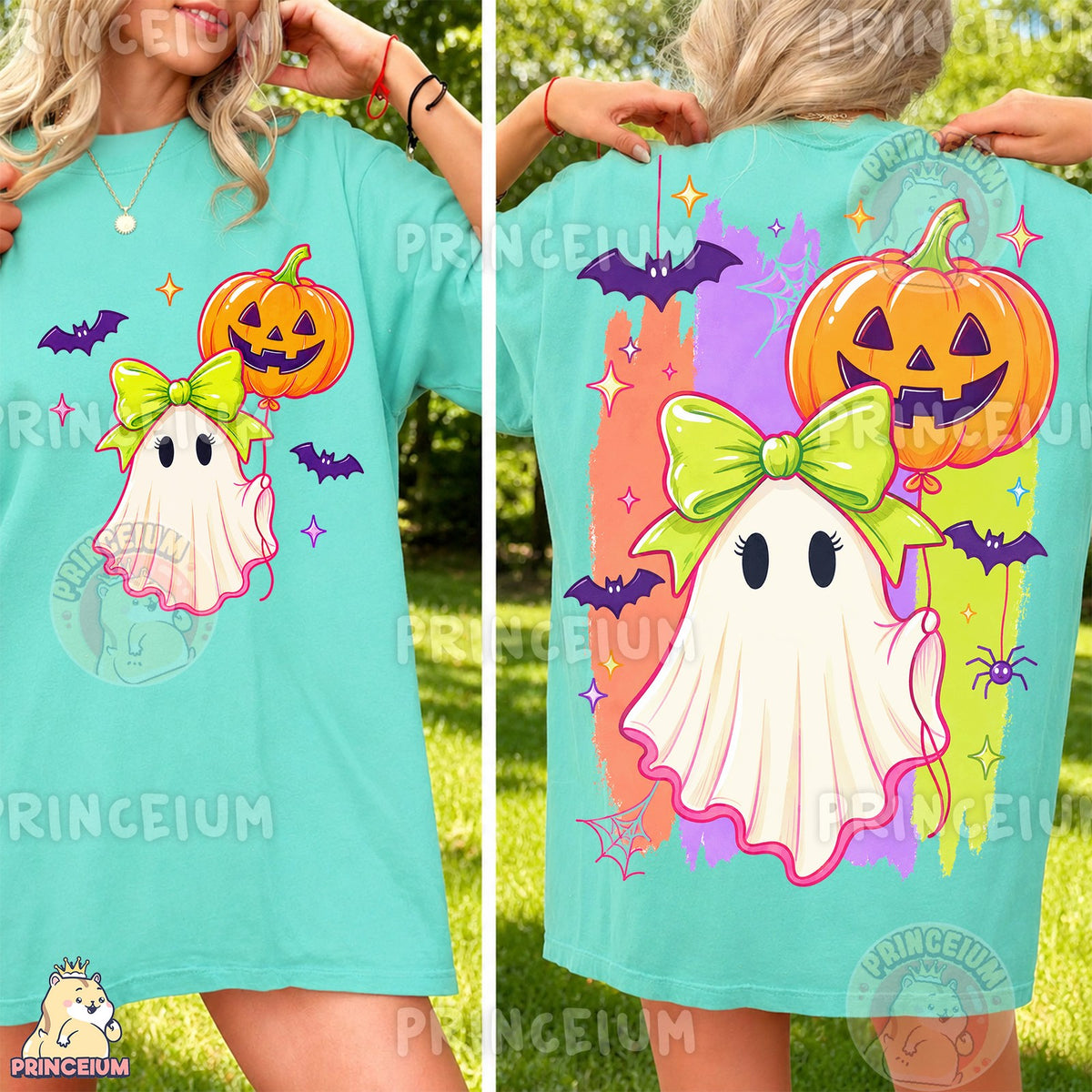 Coquette Ghost with Pumpkin Balloon Front and Back