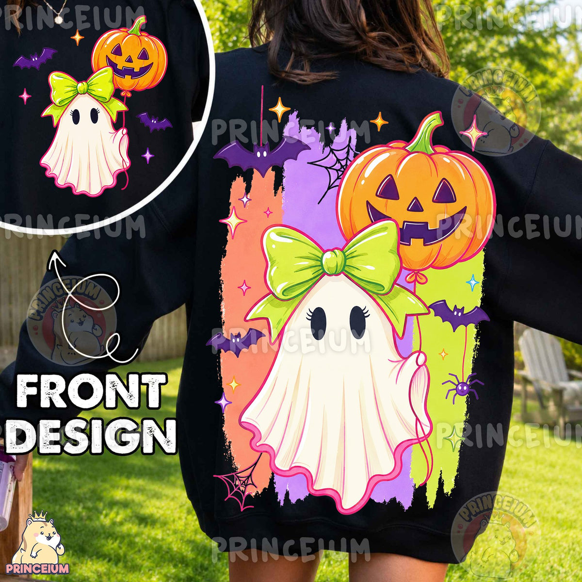 Coquette Ghost with Pumpkin Balloon Front and Back