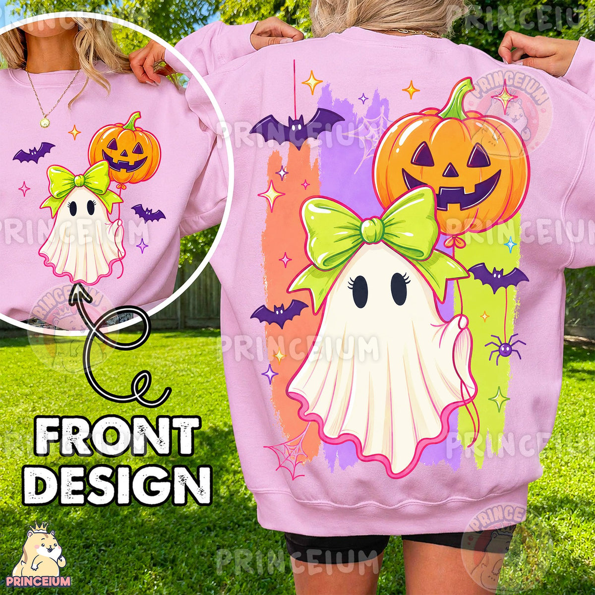 Coquette Ghost with Pumpkin Balloon Front and Back