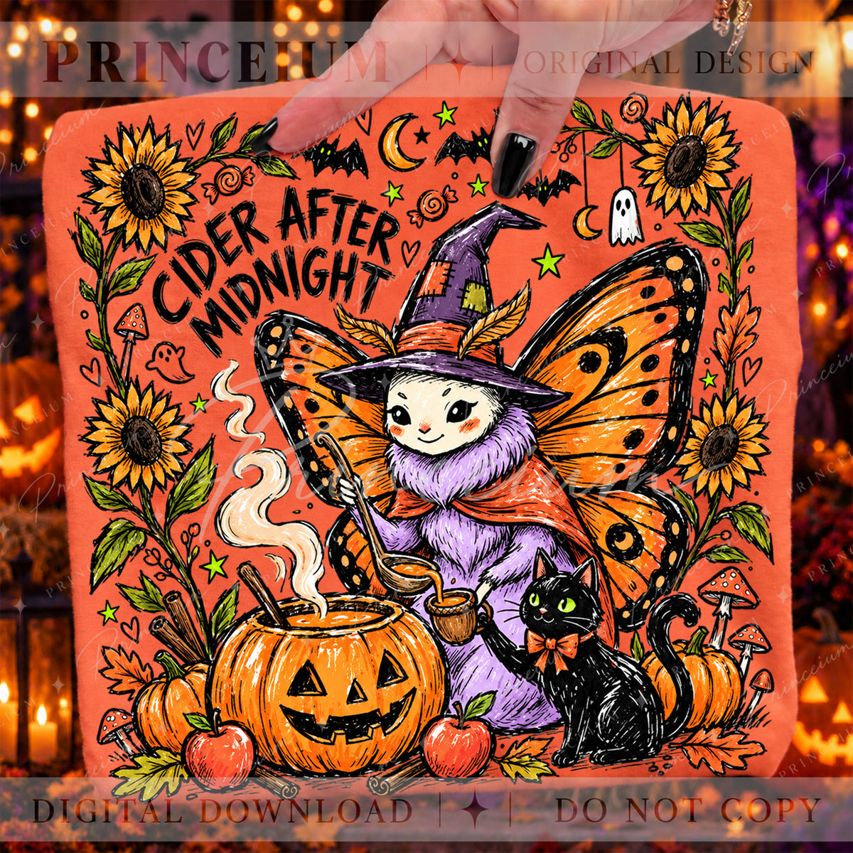 Cider After Midnight Halloween PNG – Butterfly Witch & Black Cat Design | Digital Download