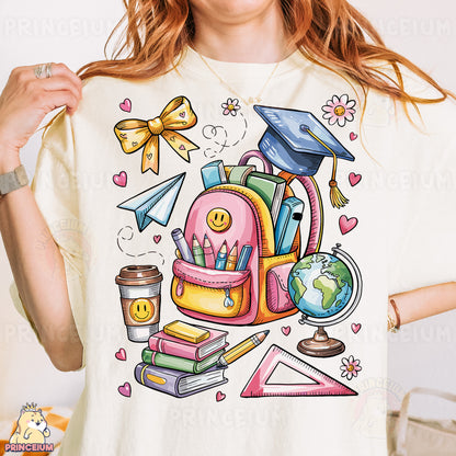 a woman wearing a t - shirt with a picture of a backpack on it