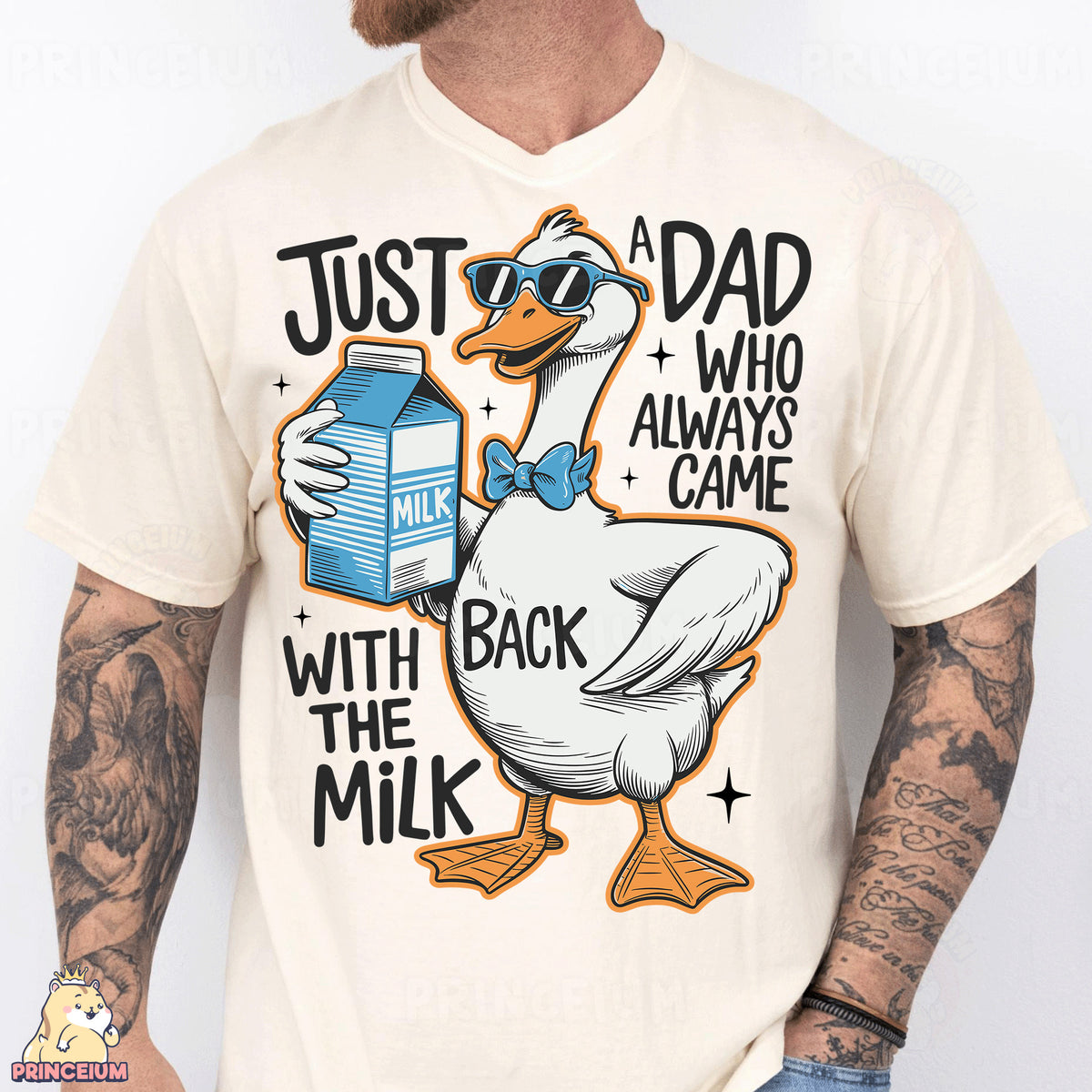 a man wearing a t - shirt with a duck holding a milk carton