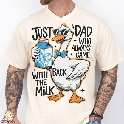 a man wearing a t - shirt with a duck holding a milk carton