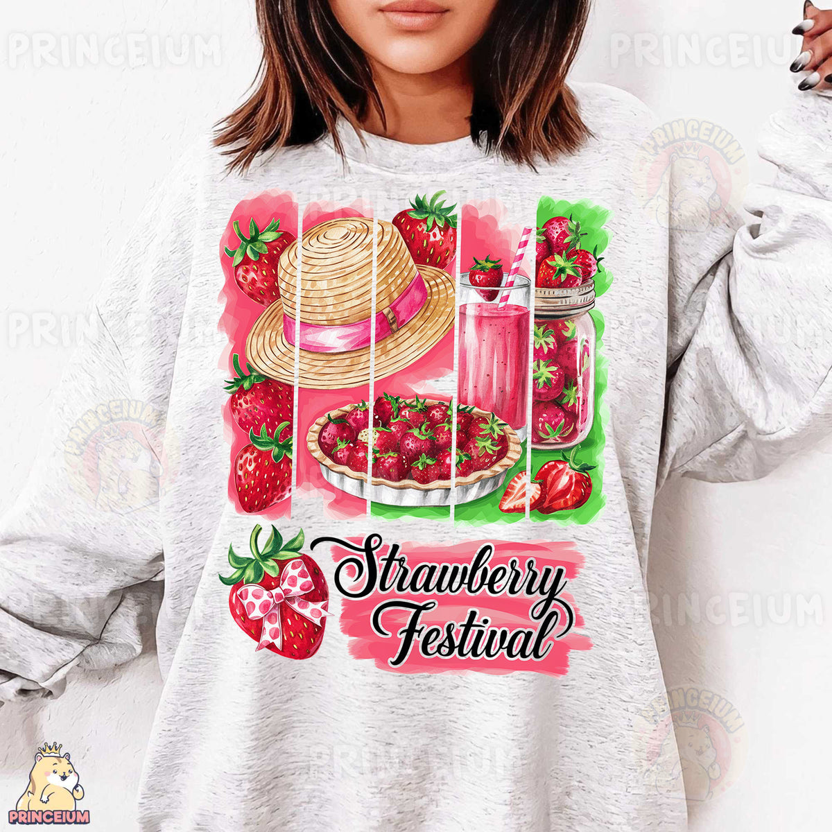 a woman wearing a sweatshirt with strawberries on it