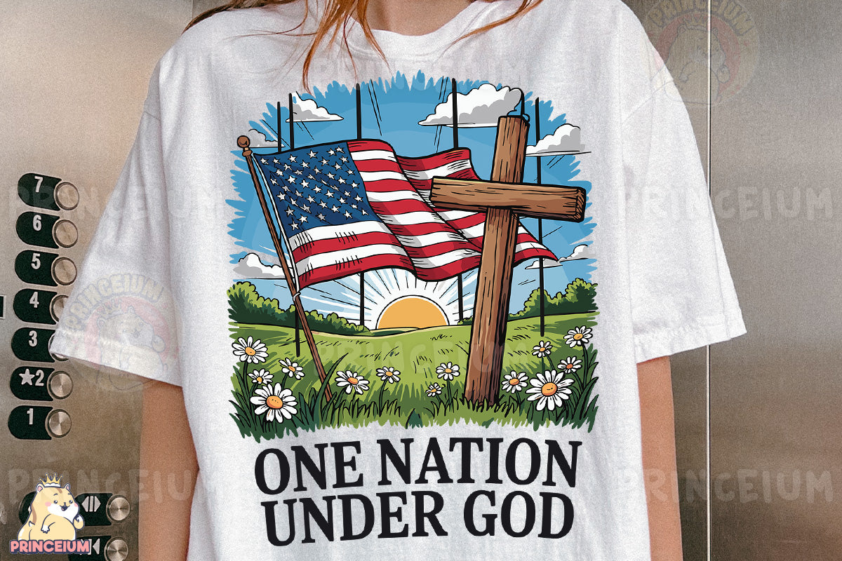 a woman wearing a t - shirt with a cross and an american flag